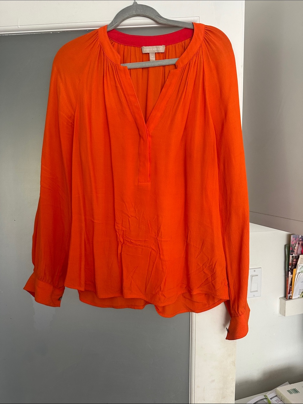 Banana Republic Vibrant Orange Long-Sleeve V-Neck Blouse M